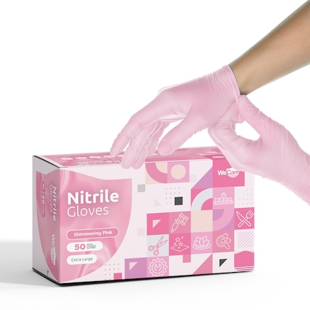Wecare WMN1001, Disposable Gloves, Nitrile, Powder-Free, XL, 50 PK, Shimmering Pink WMN100172